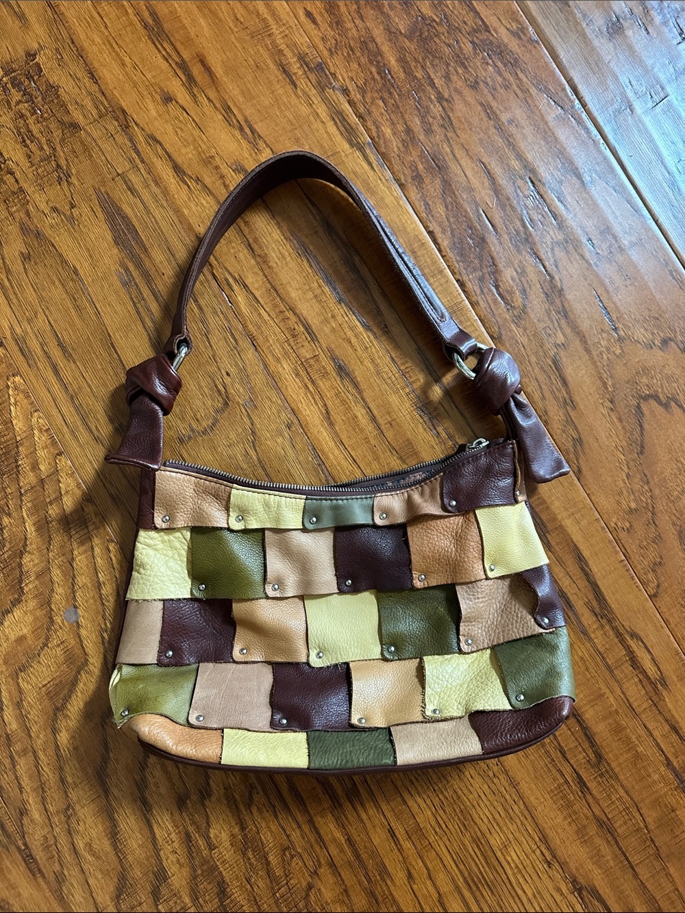 b. makowsky Multicolor Patchwork Leather Shoulder Bag in Brown, Green & Tan